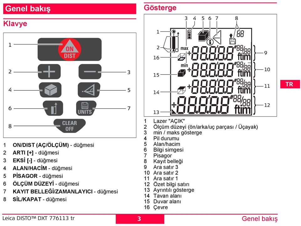 "AÇIK" 2 Ölçüm düzeyi (ön/arka/uç parçası / Üçayak) 3 min / maks gösterge 4 Pil durumu 5 Alan/hacim 6 Bilgi simgesi 7 Pisagor 8 Kayıt belleği 9