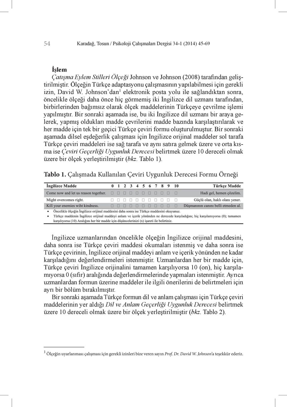 Johnson dan 1 elektronik posta yolu ile sağlandıktan sonra, öncelikle ölçeği daha önce hiç görmemiş iki İngilizce dil uzmanı tarafından, birbirlerinden bağımsız olarak ölçek maddelerinin Türkçeye