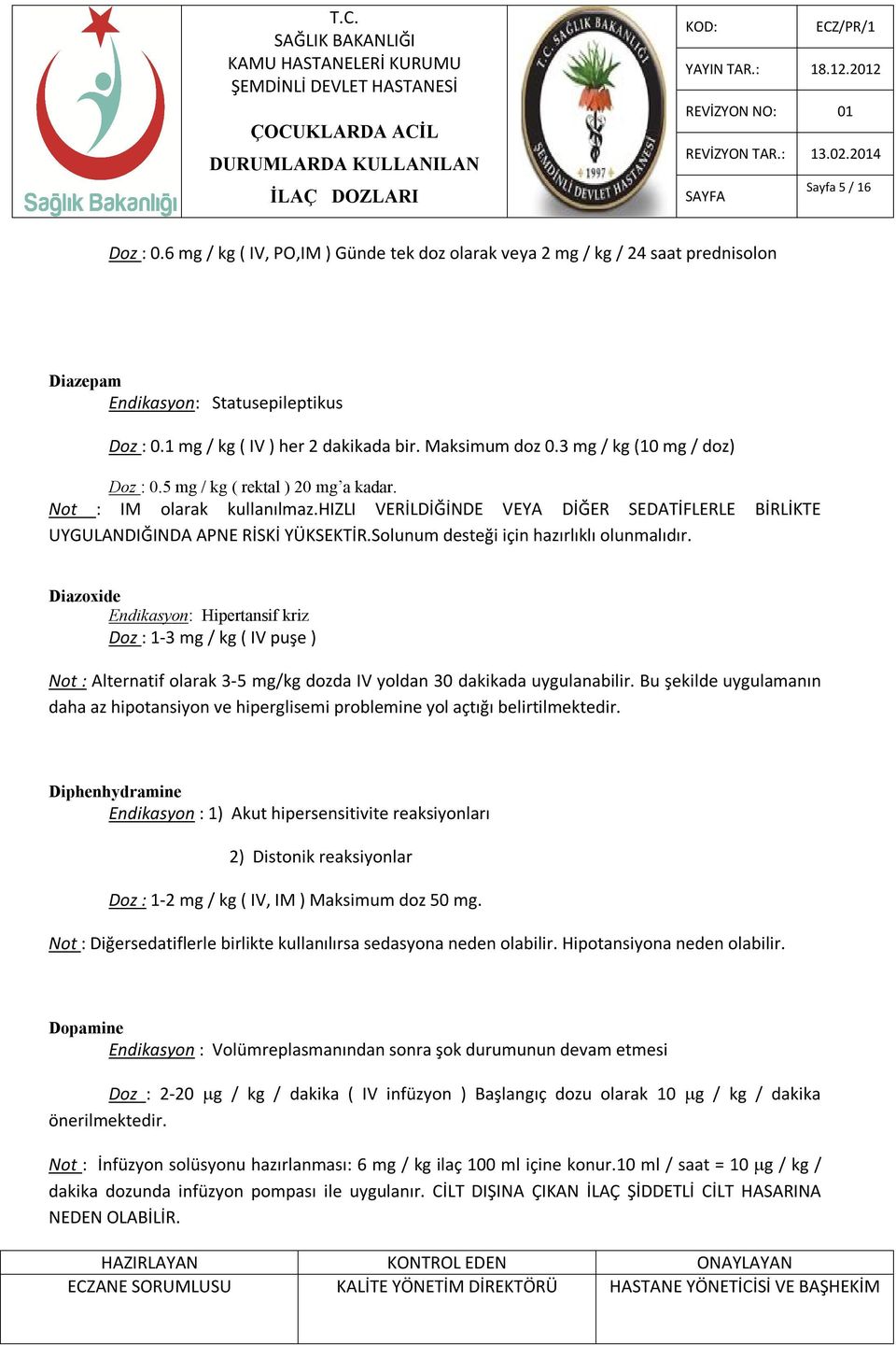 Solunum desteği için hazırlıklı olunmalıdır. Diazoxide Endikasyon: Hipertansif kriz Doz : 1-3 mg / kg ( IV puşe ) Not : Alternatif olarak 3-5 mg/kg dozda IV yoldan 30 dakikada uygulanabilir.