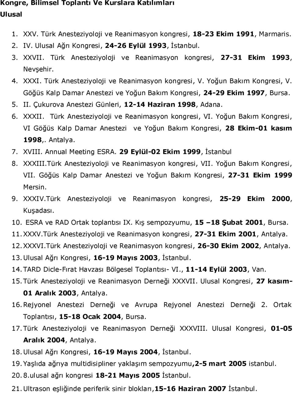 Göğüs Kalp Damar Anestezi ve Yoğun Bakım Kongresi, 24-29 Ekim 1997, Bursa. 5. II. Çukurova Anestezi Günleri, 12-14 Haziran 1998, Adana. 6. XXXII. Türk Anesteziyoloji ve Reanimasyon kongresi, VI.