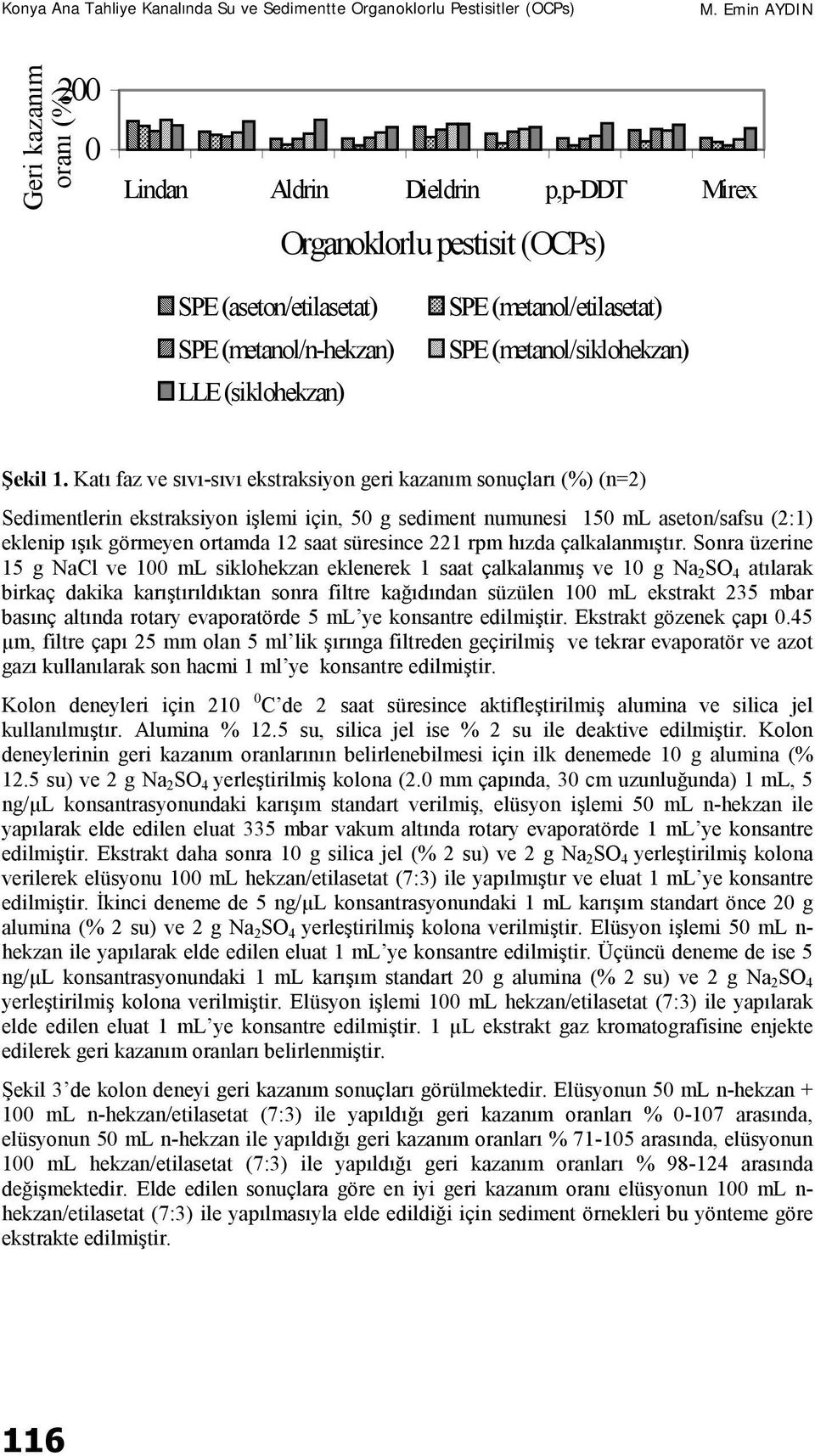 Katı faz ve sıvısıvı ekstraksiyon geri kazanım sonuçları (%) (n=2) Sedimentlerin ekstraksiyon işlemi için, 50 g sediment numunesi 150 ml aseton/safsu (2:1) eklenip ışık görmeyen ortamda 12 saat