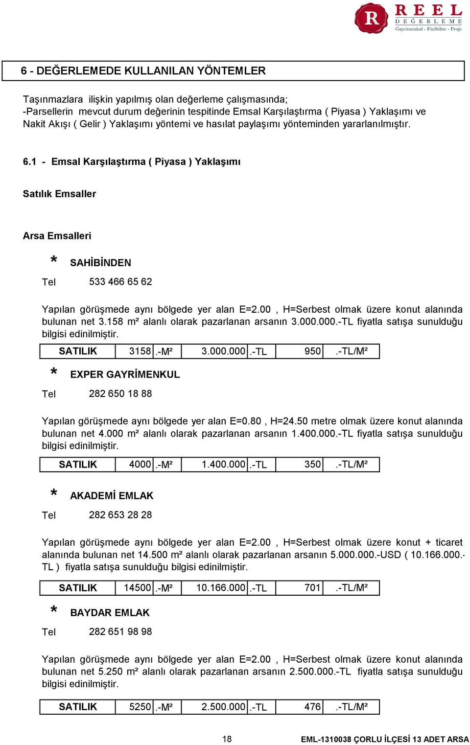 1 - Emsal Karşılaştırma ( Piyasa ) Yaklaşımı Satılık Emsaller Arsa Emsalleri Tel Tel SAHİBİNDEN 533 466 65 62 Yapılan görüşmede aynı bölgede yer alan E=2.