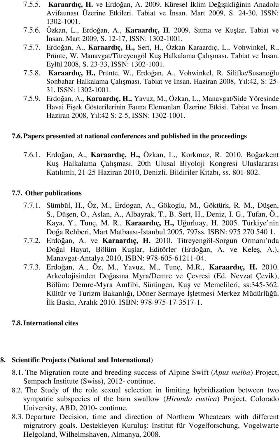 Manavgat/Titreyengöl Kuş Halkalama Çalışması. Tabiat ve İnsan. Eylül 2008, S. 23-33, ISSN: 1302-1001. 7.5.8. Karaardıç, H., Prünte, W., Erdoğan, A., Vohwinkel, R.