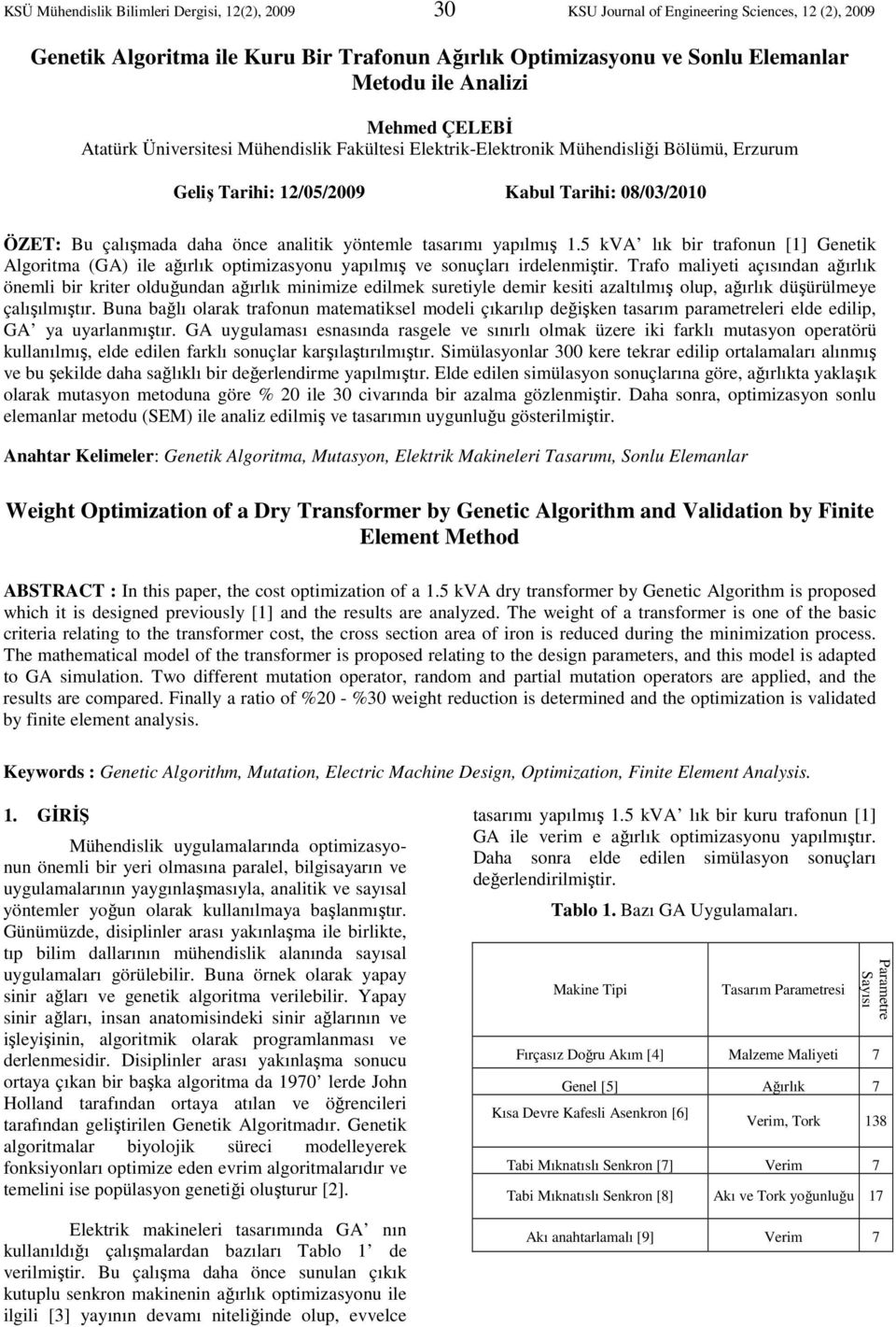 5 kva lık bir trafonun [] Genetik Algoritma (GA) ile ağırlık optimizasyonu yapılmış ve sonuçları irdelenmiştir.