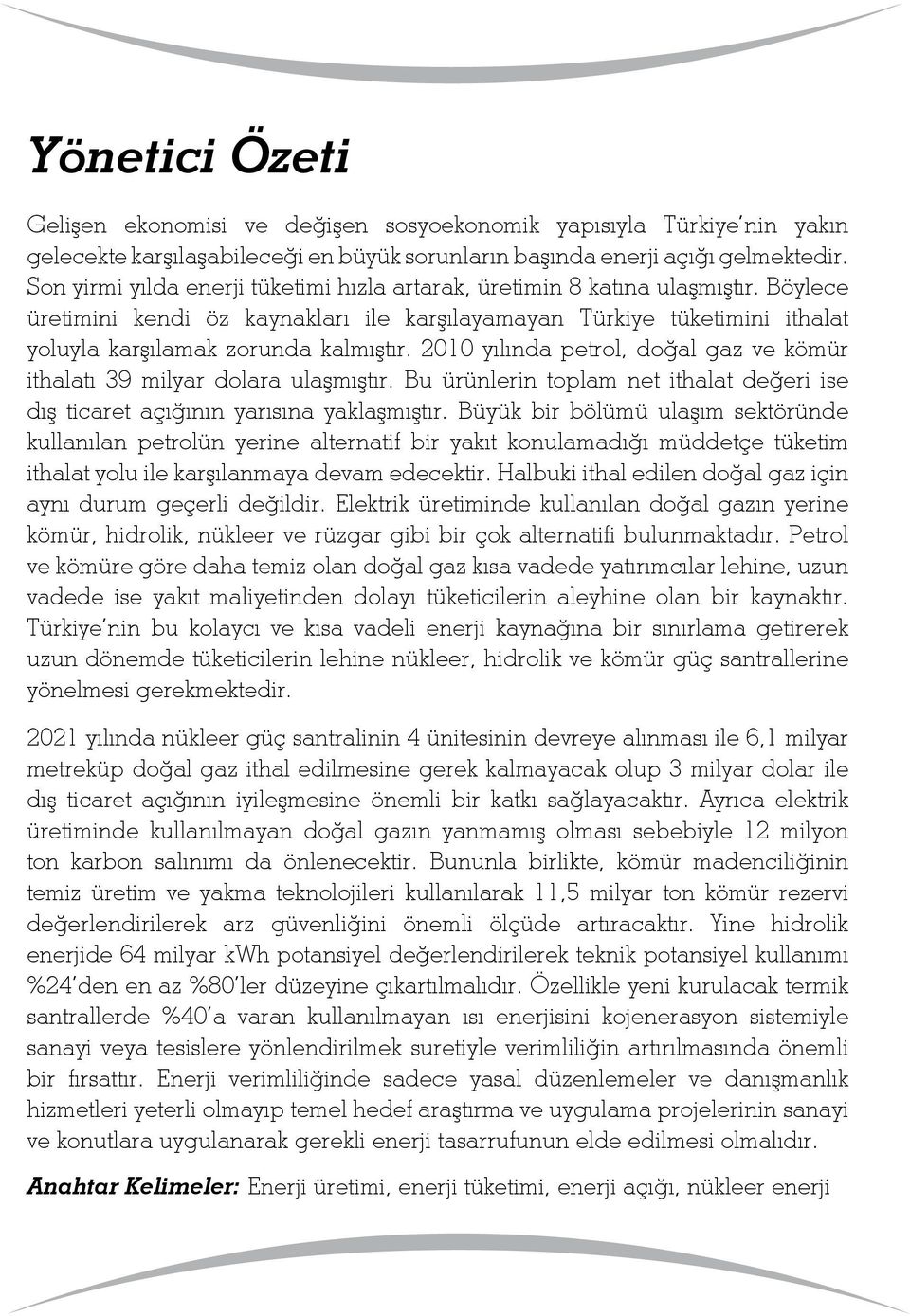 2010 yılında petrol, doğal gaz ve kömür ithalatı 39 milyar dolara ulaşmıştır. Bu ürünlerin toplam net ithalat değeri ise dış ticaret açığının yarısına yaklaşmıştır.