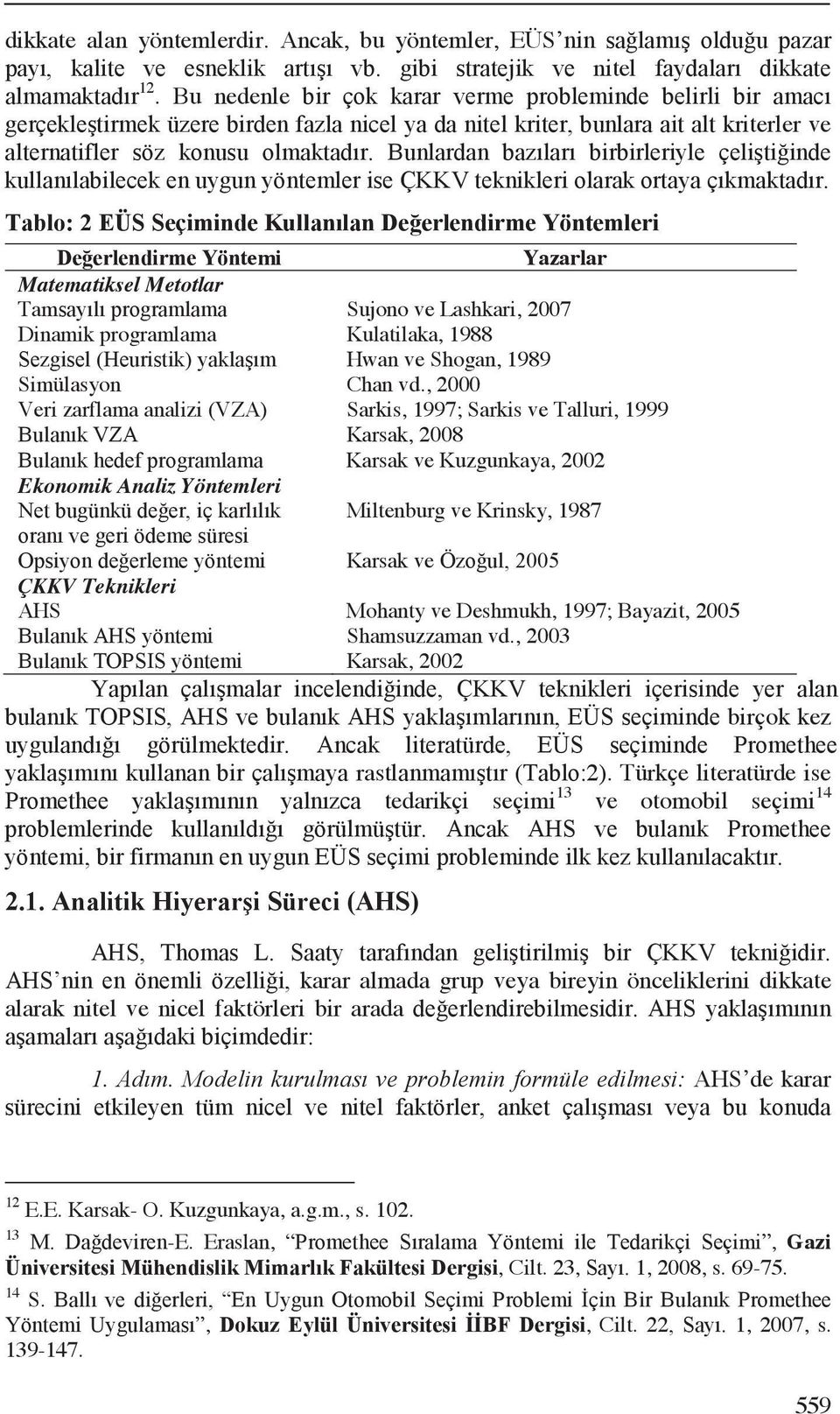 , 2000 Veri zarflama analizi (VZA) Sarkis, 1997; Sarkis ve Talluri, 1999 Karsak, 2008 Karsak ve Kuzgunkaya, 2002 Ekonomik Analiz Yöntemleri Miltenburg ve Krinsky, 1987 Karsak ve ÇKKV Teknikleri AHS