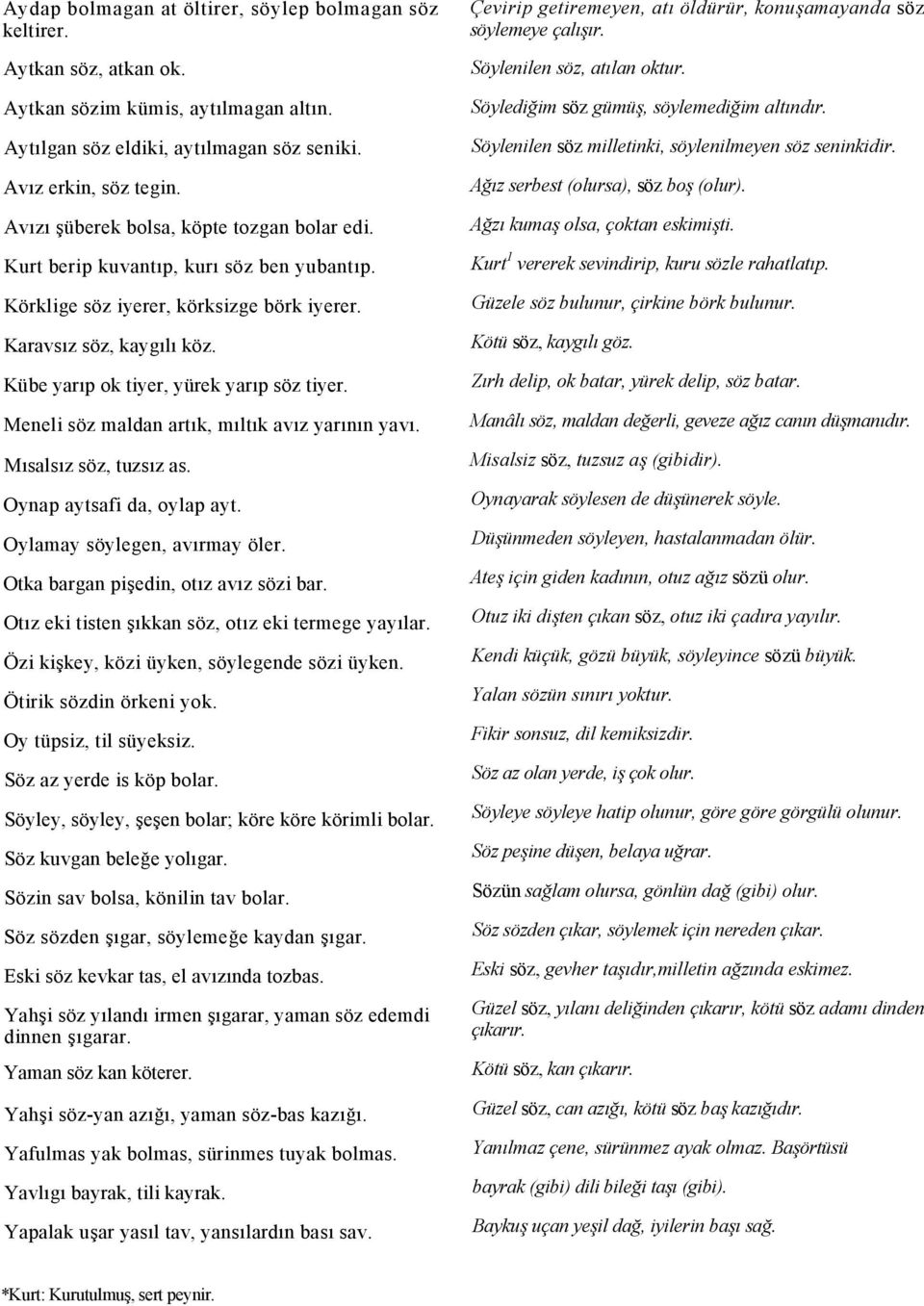 Meneli söz maldan artk, mltk avz yarnn yav. Msalsz söz, tuzsz as. Oynap aytsafi da, oylap ayt. Oylamay söylegen, avrmay öler. Otka bargan pi$edin, otz avz sözi bar.