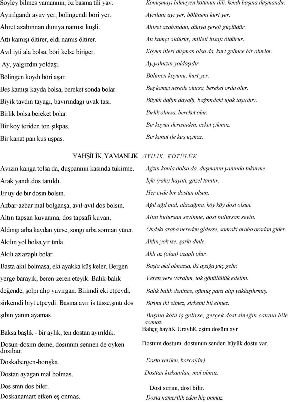 Bir kanat pan kus u$pas. Konu"may bilmeyen kötünün dili, kendi ba"na dü"mandr. Ayrlan ay yer, bölüneni kurt yer. Ahiret azabndan, dünya "erefi güçlüdür. At kamç öldürür, milleti insaf öldürür.