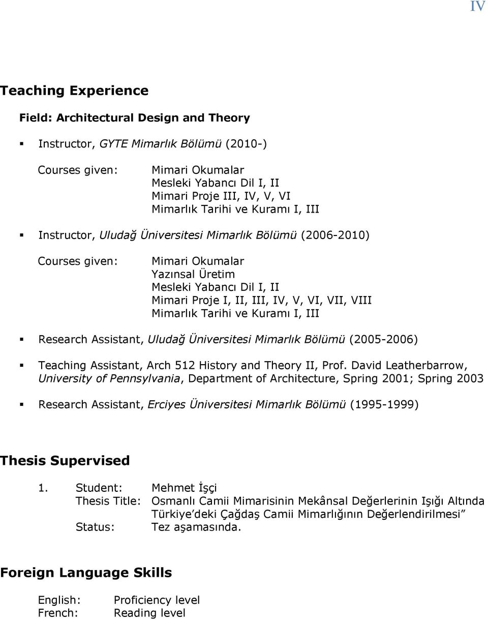 VIII Mimarlık Tarihi ve Kuramı I, III Research Assistant, Uludağ Üniversitesi Mimarlık Bölümü (2005-2006) Teaching Assistant, Arch 512 History and Theory II, Prof.