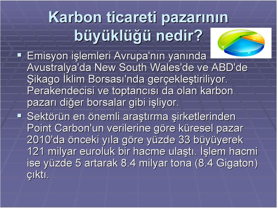 ekleştiriliyor. Perakendecisi ve toptancısı da olan karbon pazarı diğer borsalar gibi işliyor.