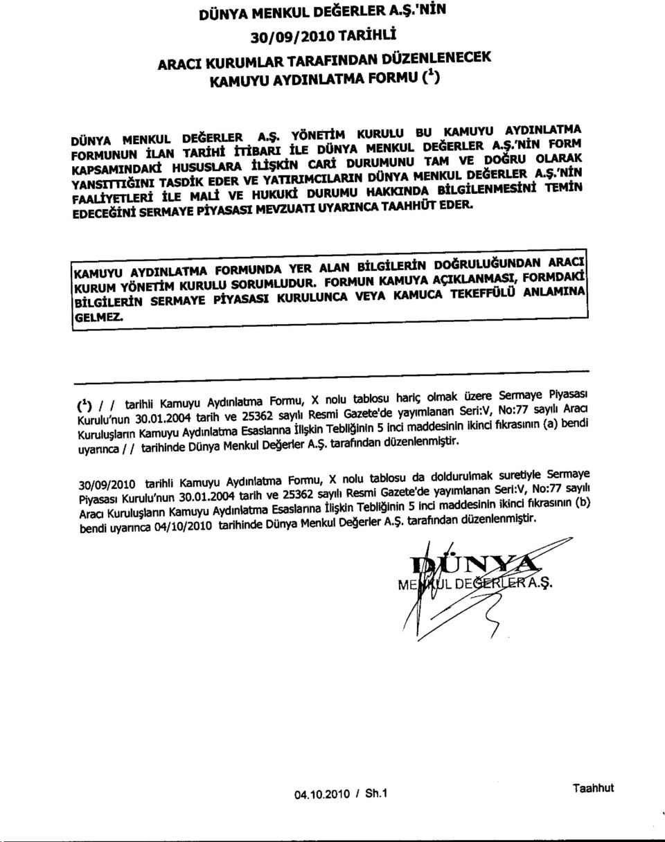 'NINFORM KAPSAMINDAKI HUSUSLARA ILI$KIN CAR! DURUMUNU TAM VE DOaiRU OLARAK YANSITII &NI TASDIK EDER VE YATIRIMCILARIN DUNYA MENKUL DEdERLER A.$.'NIN FAALIYETLERI ILE MALI VE HUKUK!