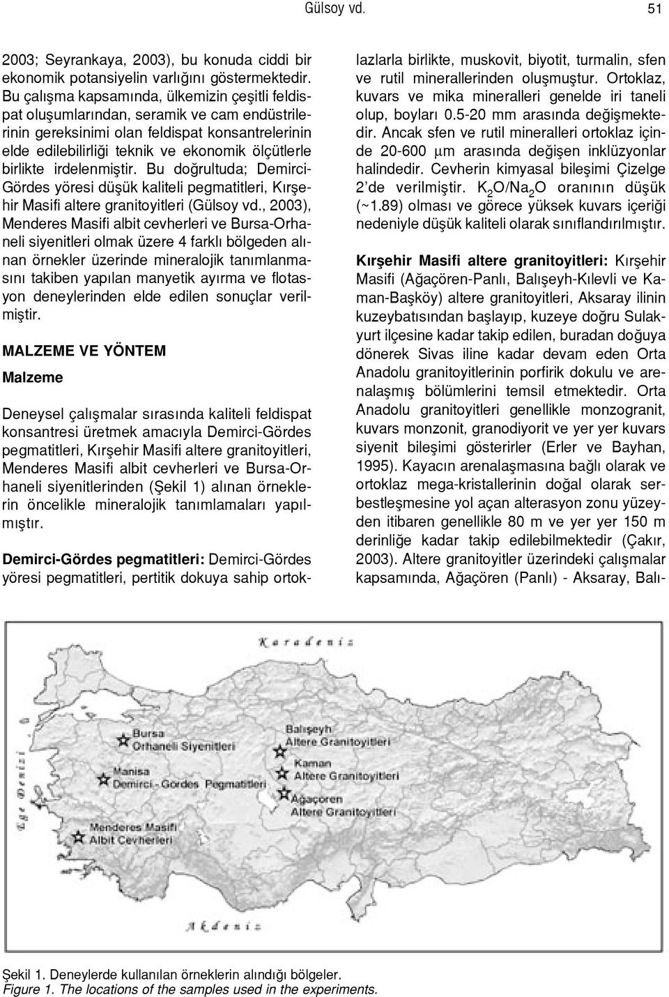 birlikte irdelenmifltir. Bu do rultuda; Demirci- Gördes yöresi düflük kaliteli pegmatitleri, K rflehir Masifi altere granitoyitleri (Gülsoy vd.