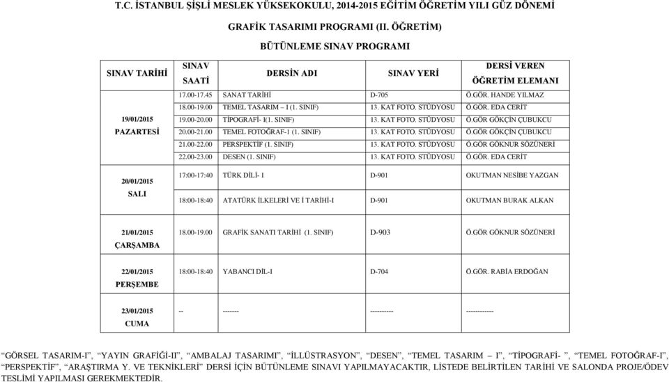 00-23.00 DESEN (1. SINIF) 13. KAT FOTO. STÜDYOSU Ö.GÖR. EDA CERİT 17:00-17:40 TÜRK DİLİ- I D-901 OKUTMAN NESİBE YAZGAN 18:00-18:40 ATATÜRK İLKELERİ VE İ TARİHİ-I D-901 OKUTMAN BURAK ALKAN 18.00-19.