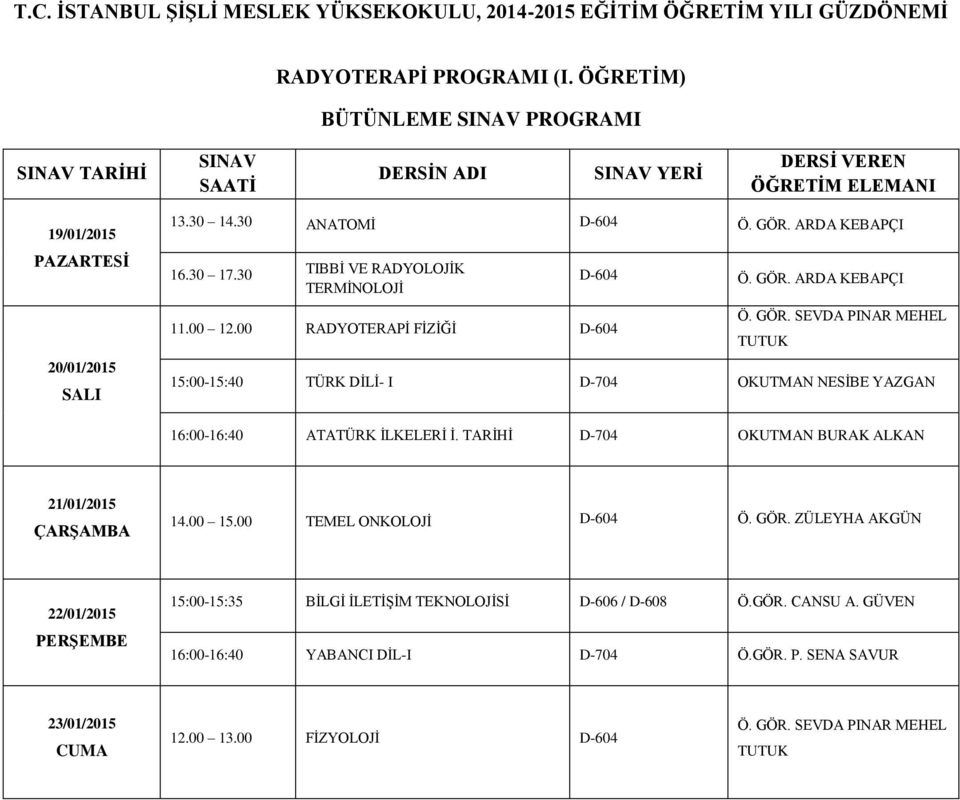 ARDA KEBAPÇI Ö. GÖR. SEVDA PINAR MEHEL TUTUK 15:00-15:40 TÜRK DİLİ- I D-704 OKUTMAN NESİBE YAZGAN 16:00-16:40 ATATÜRK İLKELERİ İ. TARİHİ D-704 OKUTMAN BURAK ALKAN 14.00 15.