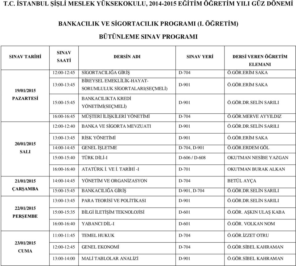 SELİN SARILI 16:00-16:45 MÜŞTERİ İLİŞKİLERİ YÖNETİMİ D-704 Ö.GÖR.MERVE AYYILDIZ 12:00-12:40 BANKA VE SİGORTA MEVZUATI D-901 Ö.GÖR.DR.SELİN SARILI 13:00-13:45 RİSK YÖNETİMİ D-901 Ö.GÖR.ERİM SAKA 14:00-14:45 GENEL İŞLETME D-704, D-901 Ö.