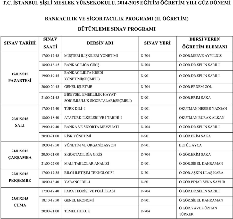 GÖR.ERİM SAKA 17:00-17:40 TÜRK DİLİ- I D-901 OKUTMAN NESİBE YAZGAN 18:00-18:40 ATATÜRK İLKELERİ VE İ TARİHİ-I D-901 OKUTMAN BURAK ALKAN 19:00-19:40 BANKA VE SİGORTA MEVZUATI D-704 Ö.GÖR.DR.