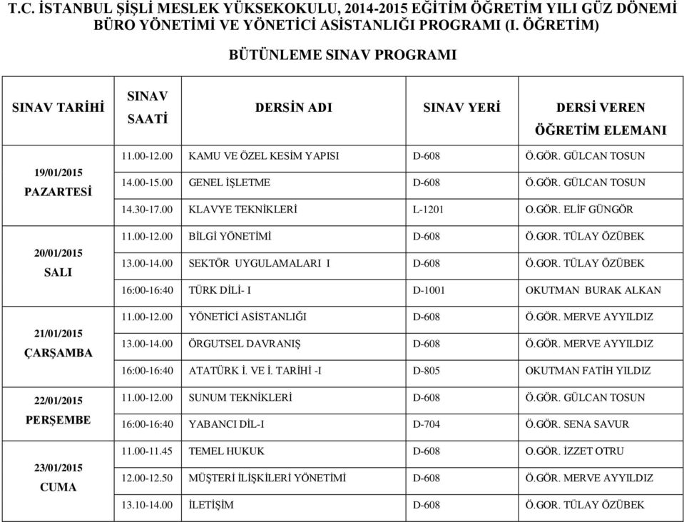 00-12.00 YÖNETİCİ ASİSTANLIĞI D-608 Ö.GÖR. MERVE AYYILDIZ 13.00-14.00 ÖRGUTSEL DAVRANIŞ D-608 Ö.GÖR. MERVE AYYILDIZ 16:00-16:40 ATATÜRK İ. VE İ. TARİHİ -I D-805 OKUTMAN FATİH YILDIZ 11.00-12.00 SUNUM TEKNİKLERİ D-608 Ö.