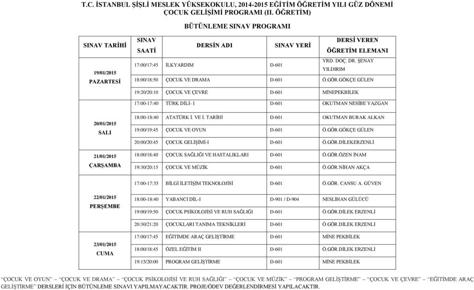 TARİHİ D-601 OKUTMAN BURAK ALKAN 19:00/19:45 ÇOCUK VE OYUN D-601 Ö.GÖR.GÖKÇE GÜLEN 20:00/20:45 ÇOCUK GELİŞİMİ-I D-601 Ö.GÖR.DİLEKERZENLİ 18:00/18:40 ÇOCUK SAĞLIĞI VE HASTALIKLARI D-601 Ö.GÖR.ÖZEN İNAM 19:30/20:15 ÇOCUK VE MÜZİK D-601 Ö.