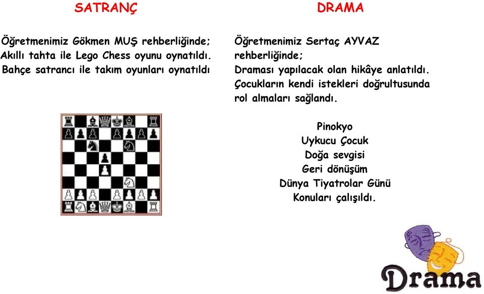 Bahçe satrancı ile takım oyunları oynatıldı Öğretmenimiz Sertaç AYVAZ rehberliğinde; Draması