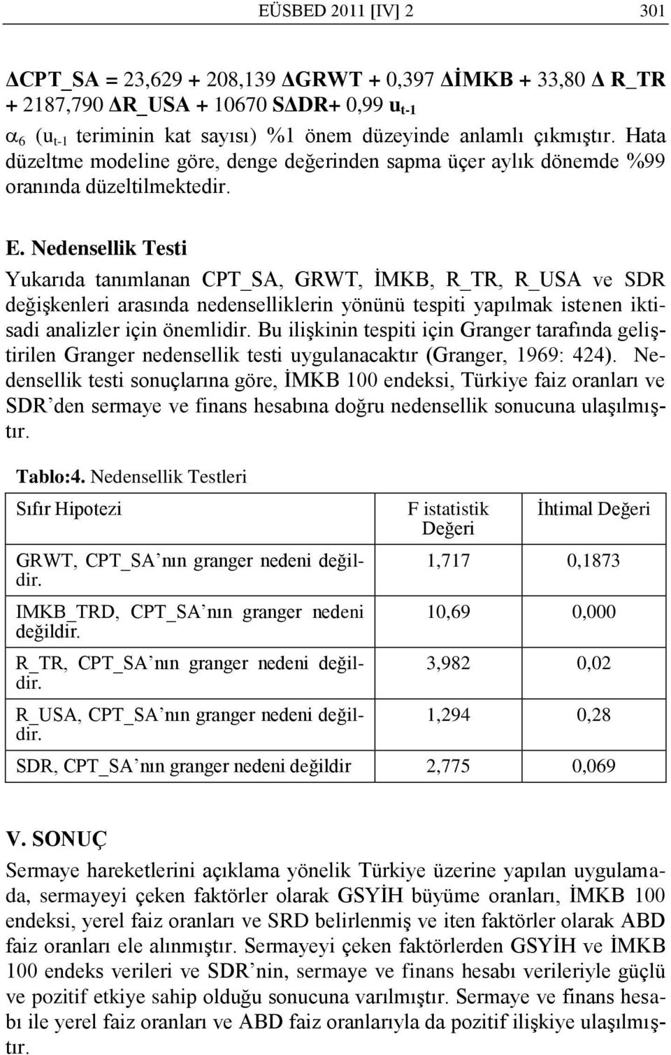 Nedensellik Testi Yukarıda tanımlanan CPT_SA, GRWT, ĠMKB, R_TR, R_USA ve SDR değiģkenleri arasında nedenselliklerin yönünü tespiti yapılmak istenen iktisadi analizler için önemlidir.