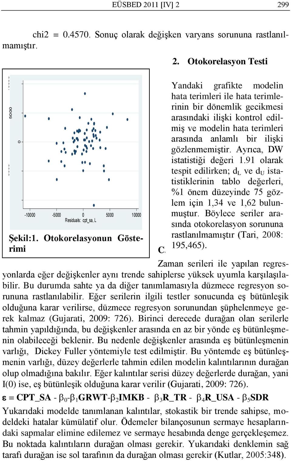 gözlenmemiģtir. Ayrıca, DW istatistiği değeri 1.91 olarak tespit edilirken; d L ve d U istatistiklerinin tablo değerleri, %1 önem düzeyinde 75 gözlem için 1,34 ve 1,62 bulunmuģtur.