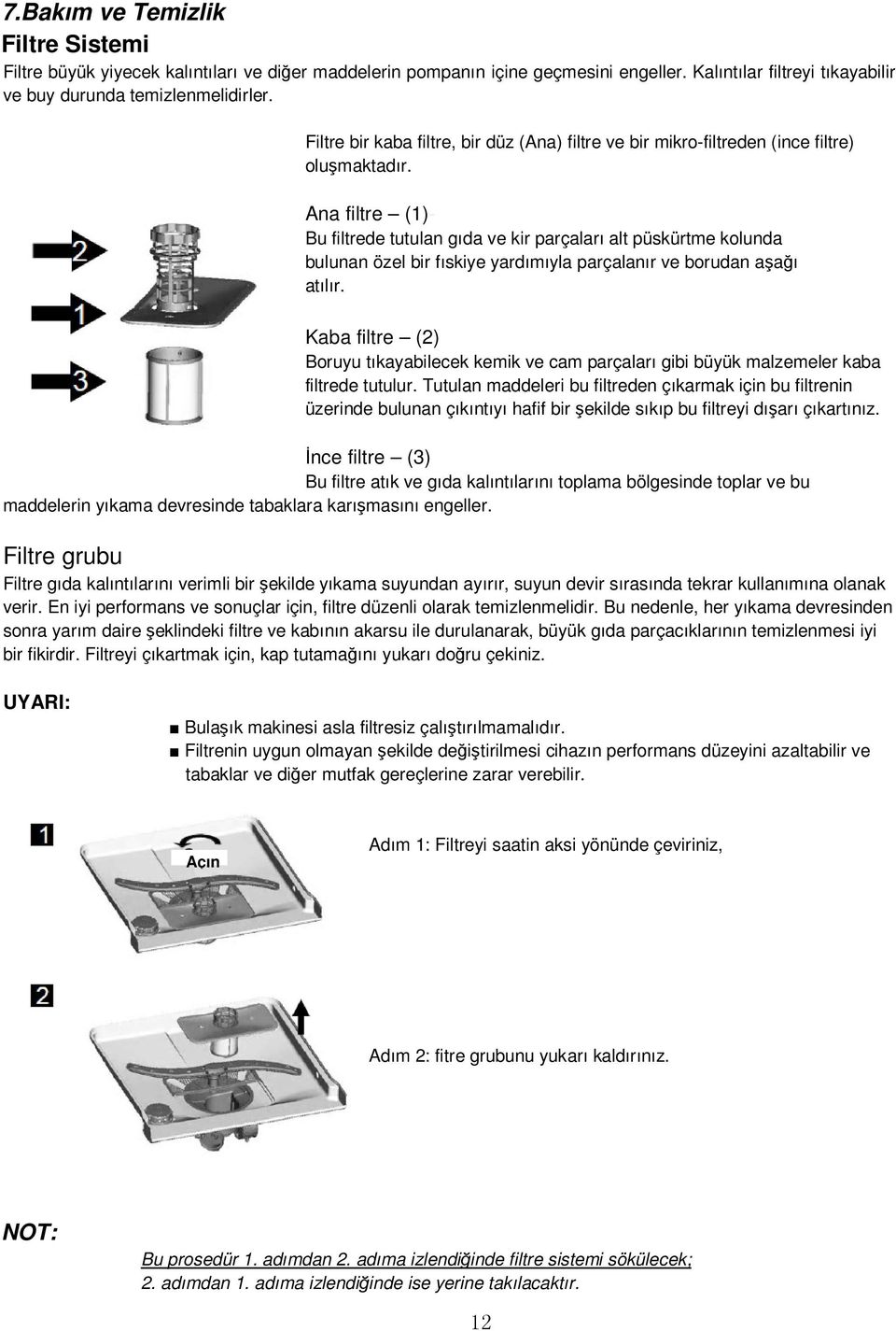 Ana filtre (1)- Bu filtrede tutulan gıda ve kir parçaları alt püskürtme kolunda bulunan özel bir fıskiye yardımıyla parçalanır ve borudan aşağı atılır.