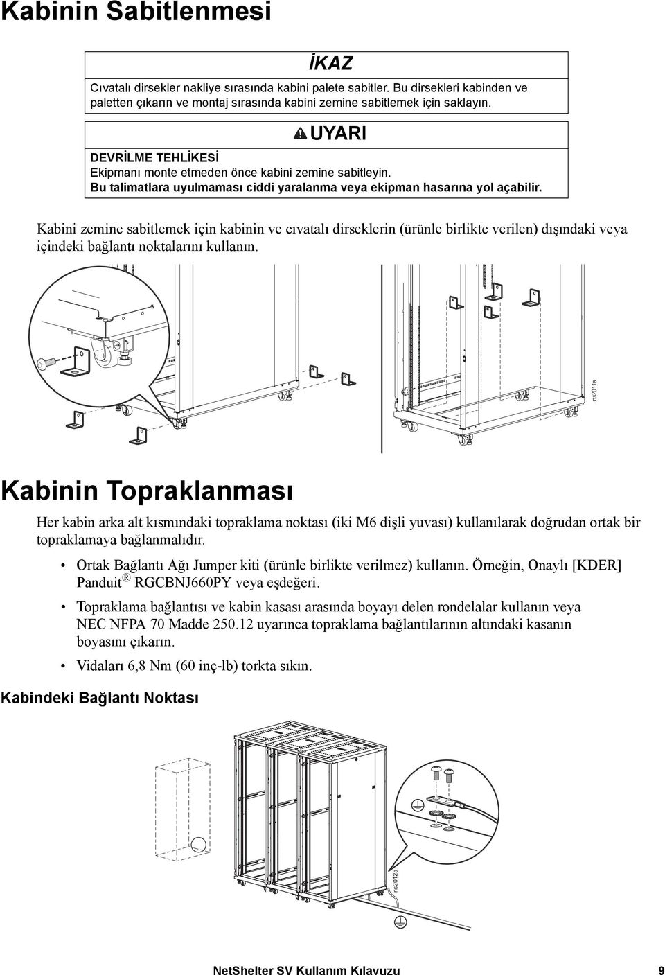 Kabini zemine sabitlemek için kabinin ve cıvatalı dirseklerin (ürünle birlikte verilen) dışındaki veya içindeki bağlantı noktalarını kullanın.