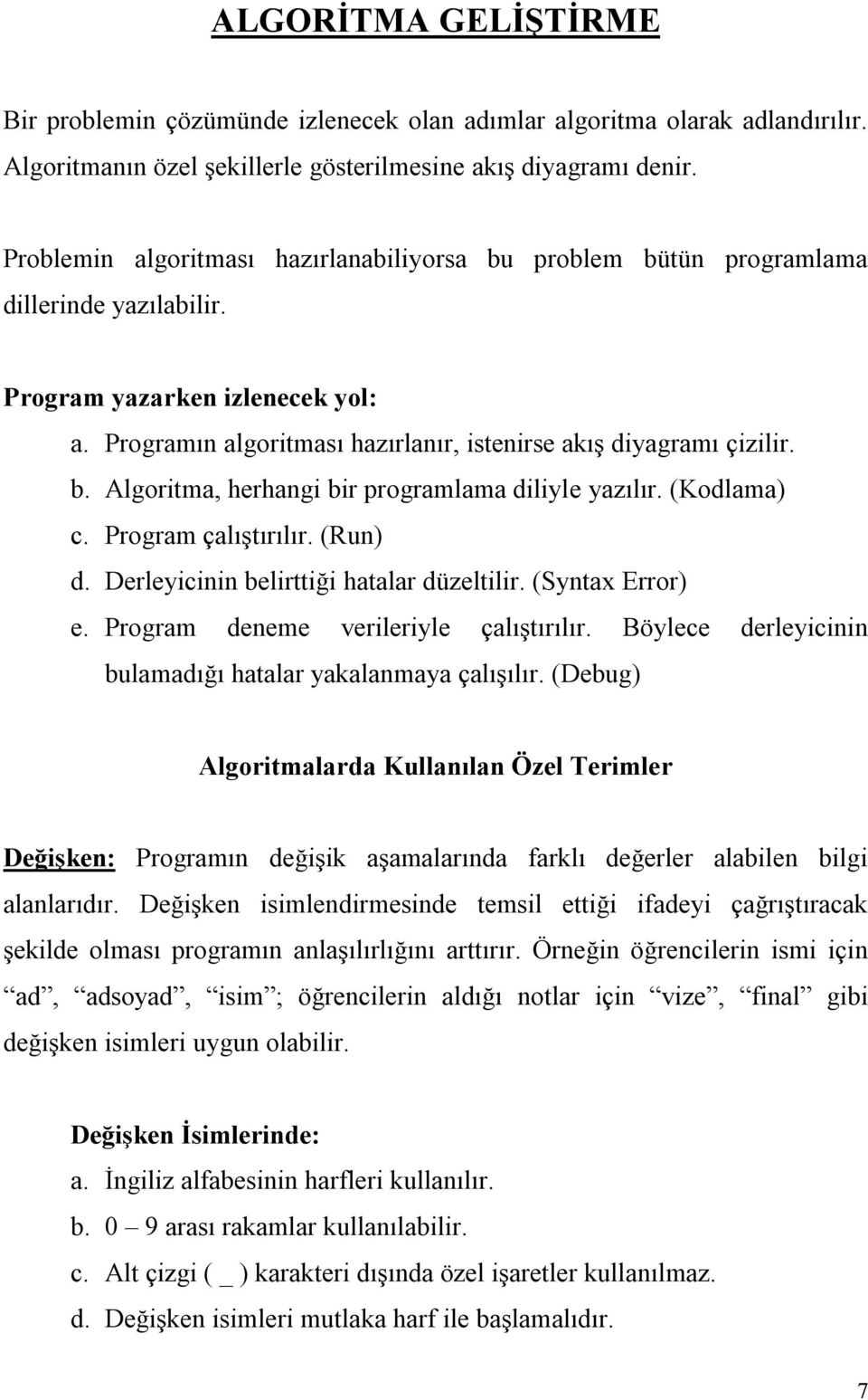 (Kodlama) c. Program çalıştırılır. (Run) d. Derleyicinin belirttiği hatalar düzeltilir. (Syntax Error) e. Program deneme verileriyle çalıştırılır.