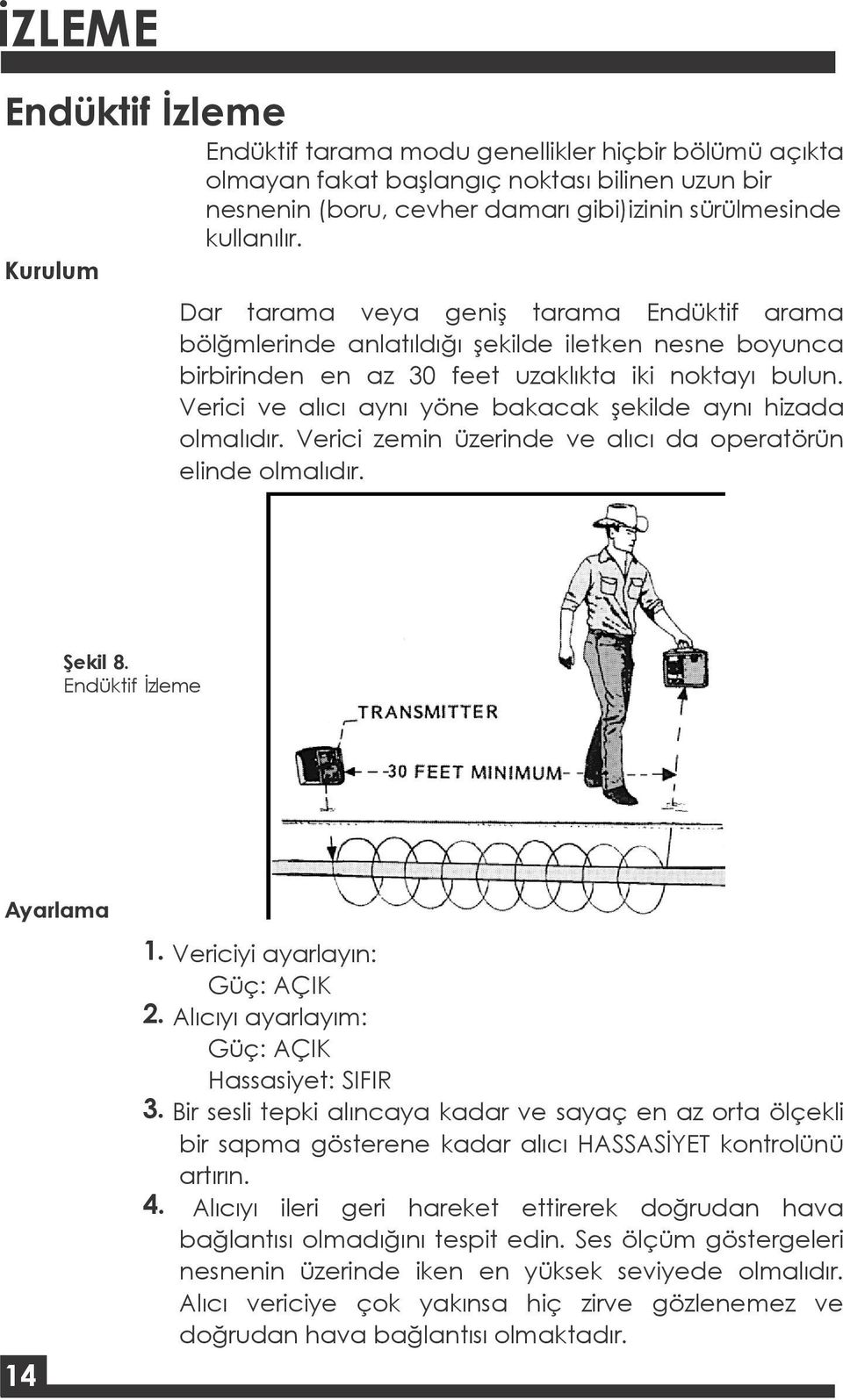 Verici ve alıcı aynı yöne bakacak şekilde aynı hizada olmalıdır. Verici zemin üzerinde ve alıcı da operatörün elinde olmalıdır. Şekil 8. Endüktif İzleme Ayarlama 14 1. Vericiyi ayarlayın: Güç: AÇIK 2.