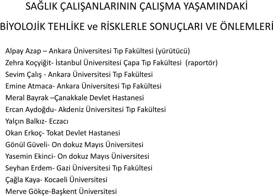 Bayrak Çanakkale Devlet Hastanesi Ercan Aydoğdu- Akdeniz Üniversitesi Tıp Fakültesi Yalçın Balkız- Eczacı Okan Erkoç- Tokat Devlet Hastanesi Gönül Güveli- On dokuz