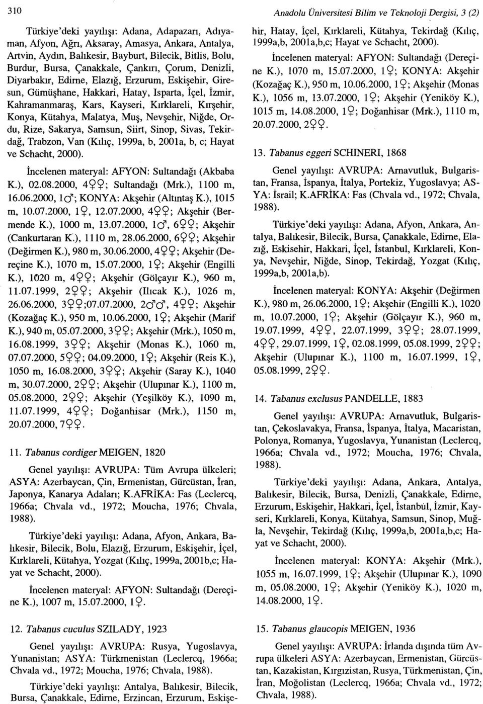 Muş, Nevşehir, Niğde, Ordu, Rize, Sakarya, Samsun, Siirt, Sinop, Sivas, Tekirdağ, Trabzon, Van ( 1999a, b, 200la, b, c; Hayat ve Schacht, 2000). İncelenen materyal: AFYON: Sultandağı (Akbaba K), 02.