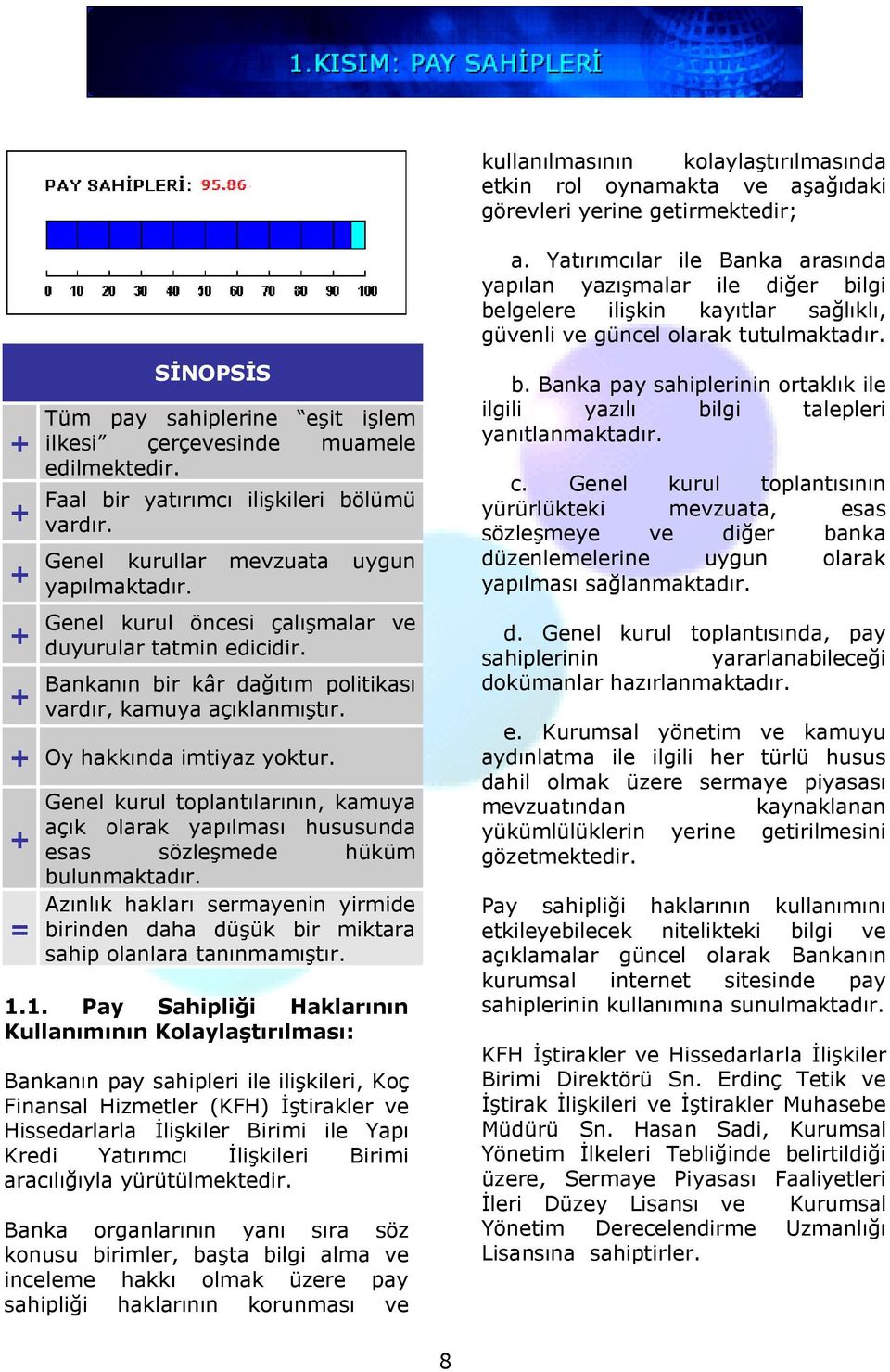 SİNOPSİS Tüm pay sahiplerine eşit işlem ilkesi çerçevesinde muamele edilmektedir. Faal bir yatırımcı ilişkileri bölümü vardır. Genel kurullar mevzuata uygun yapılmaktadır.