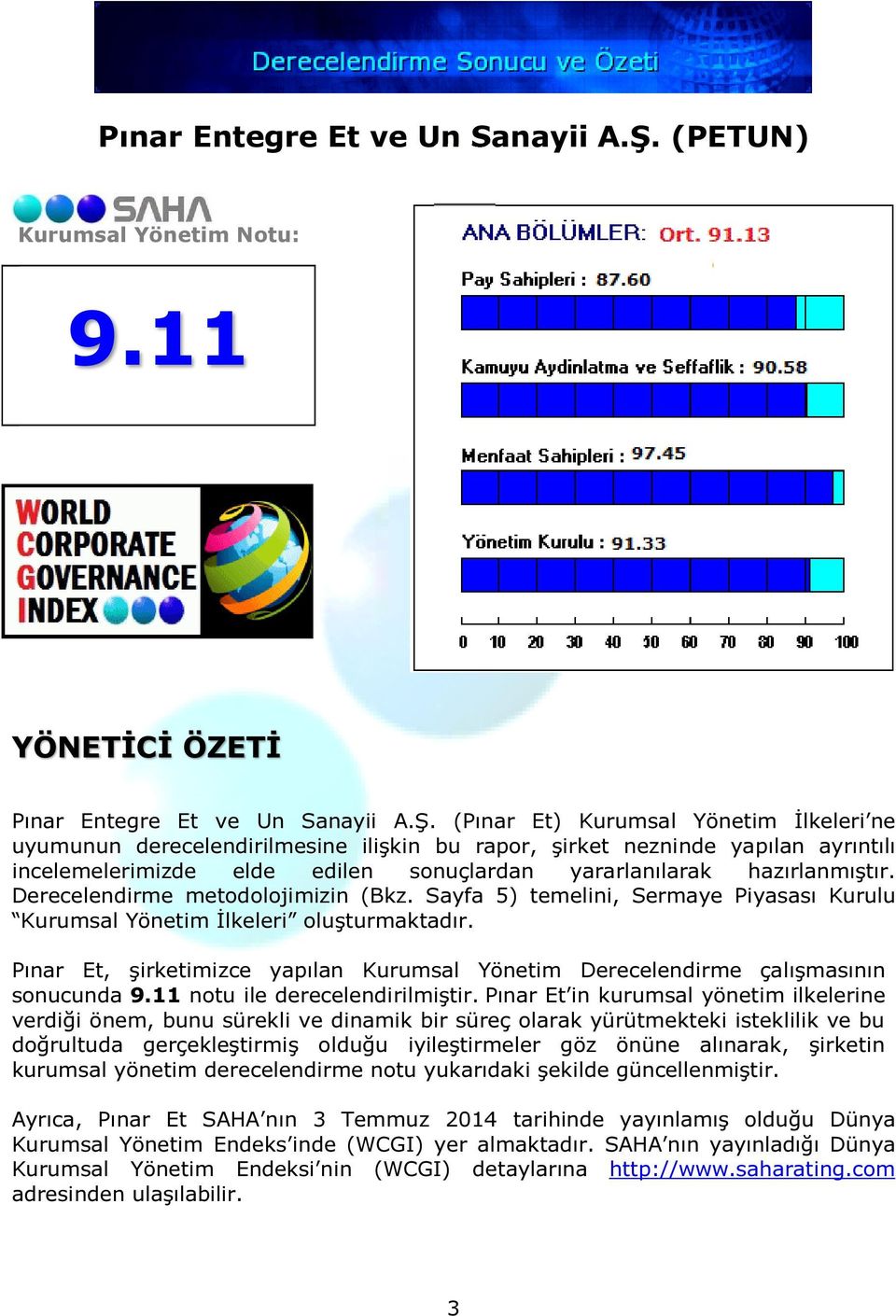 11 YÖNETİCİ ÖZETİ  (Pınar Et) Kurumsal Yönetim İlkeleri ne uyumunun derecelendirilmesine ilişkin bu rapor, şirket nezninde yapılan ayrıntılı incelemelerimizde elde edilen sonuçlardan yararlanılarak