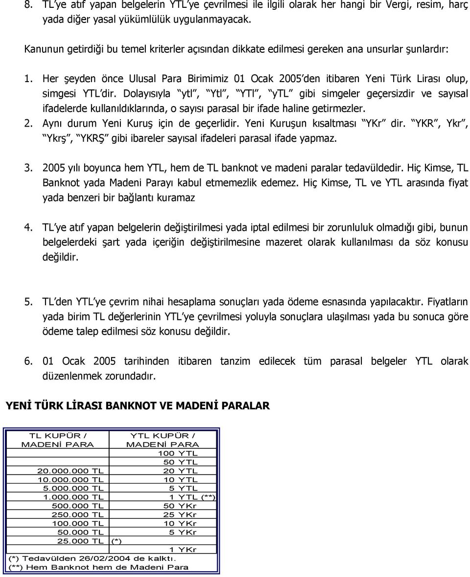 Her şeyden önce Ulusal Para Birimimiz 01 Ocak 2005 den itibaren Yeni Türk Lirası olup, simgesi YTL dir.