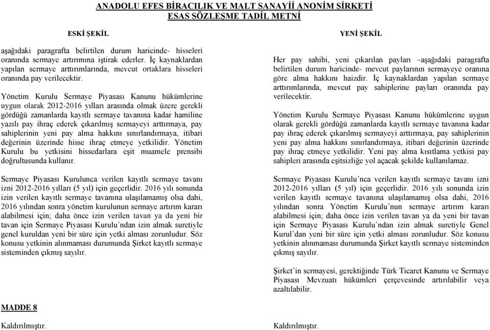 Yönetim Kurulu Sermaye Piyasası Kanunu hükümlerine uygun olarak 2012-2016 yılları arasında olmak üzere gerekli gördüğü zamanlarda kayıtlı sermaye tavanına kadar hamiline yazılı pay ihraç ederek