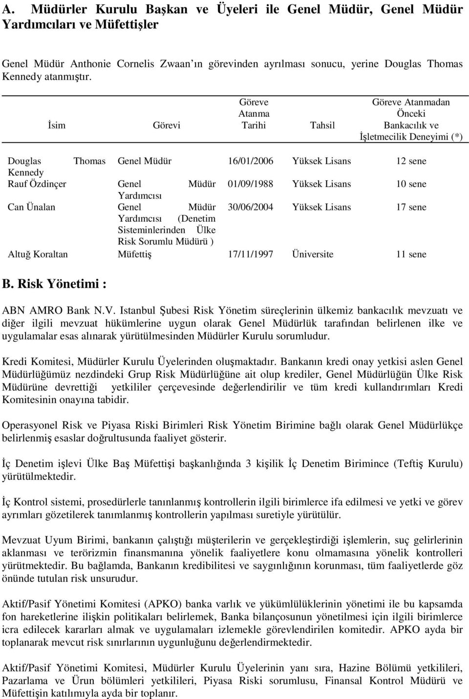 İsim Görevi Göreve Atanma Tarihi Tahsil Göreve Atanmadan Önceki Bankacılık ve İşletmecilik Deneyimi (*) Douglas Thomas Genel Müdür 16/01/2006 Yüksek Lisans 12 sene Kennedy Rauf Özdinçer Genel Müdür