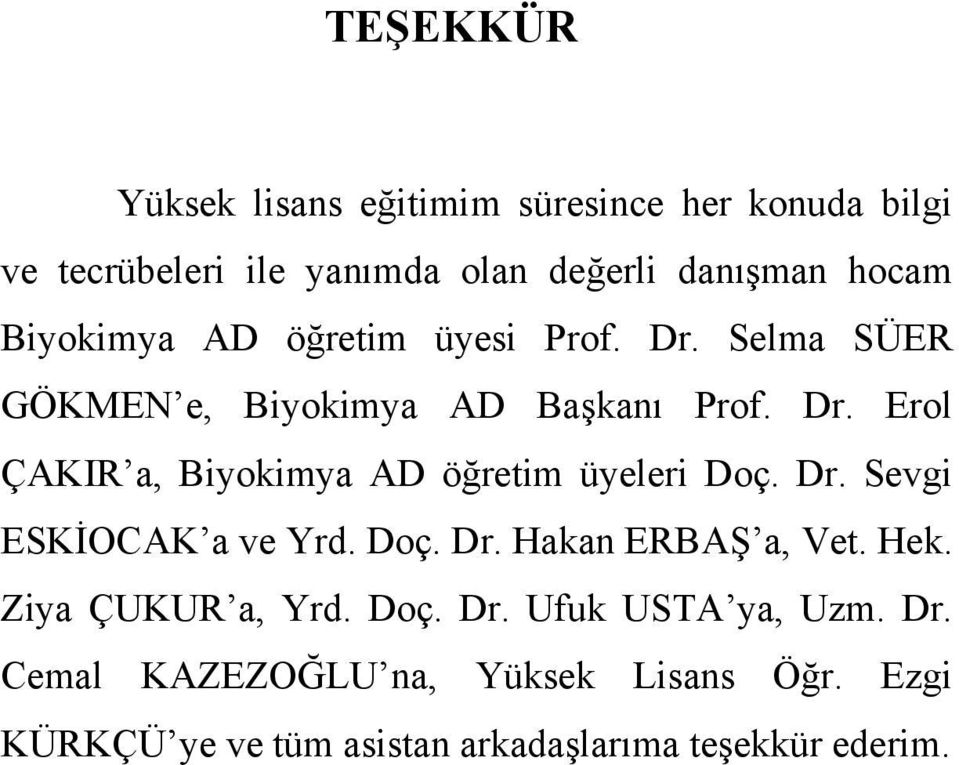 Dr. Sevgi ESKİOCAK a ve Yrd. Doç. Dr. Hakan ERBAŞ a, Vet. Hek. Ziya ÇUKUR a, Yrd. Doç. Dr. Ufuk USTA ya, Uzm. Dr. Cemal KAZEZOĞLU na, Yüksek Lisans Öğr.