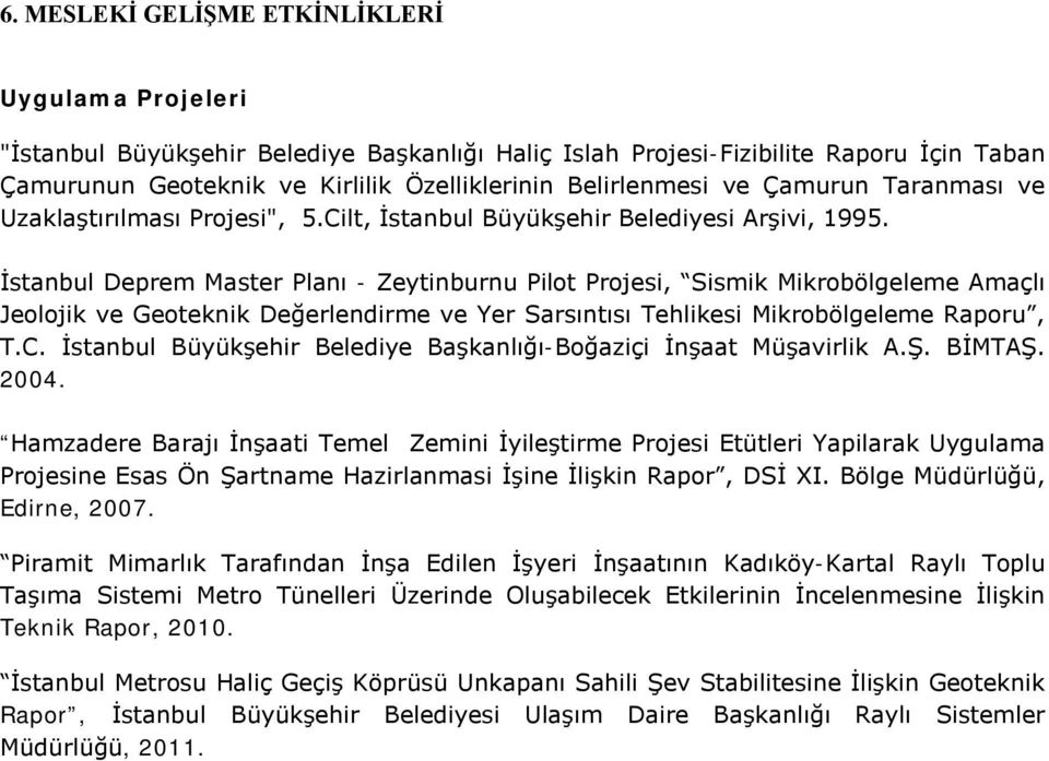 İstanbul Deprem Master Planı - Zeytinburnu Pilot Projesi, Sismik Mikrobölgeleme Amaçlı Jeolojik ve Geoteknik Değerlendirme ve Yer Sarsıntısı Tehlikesi Mikrobölgeleme Raporu, T.C.