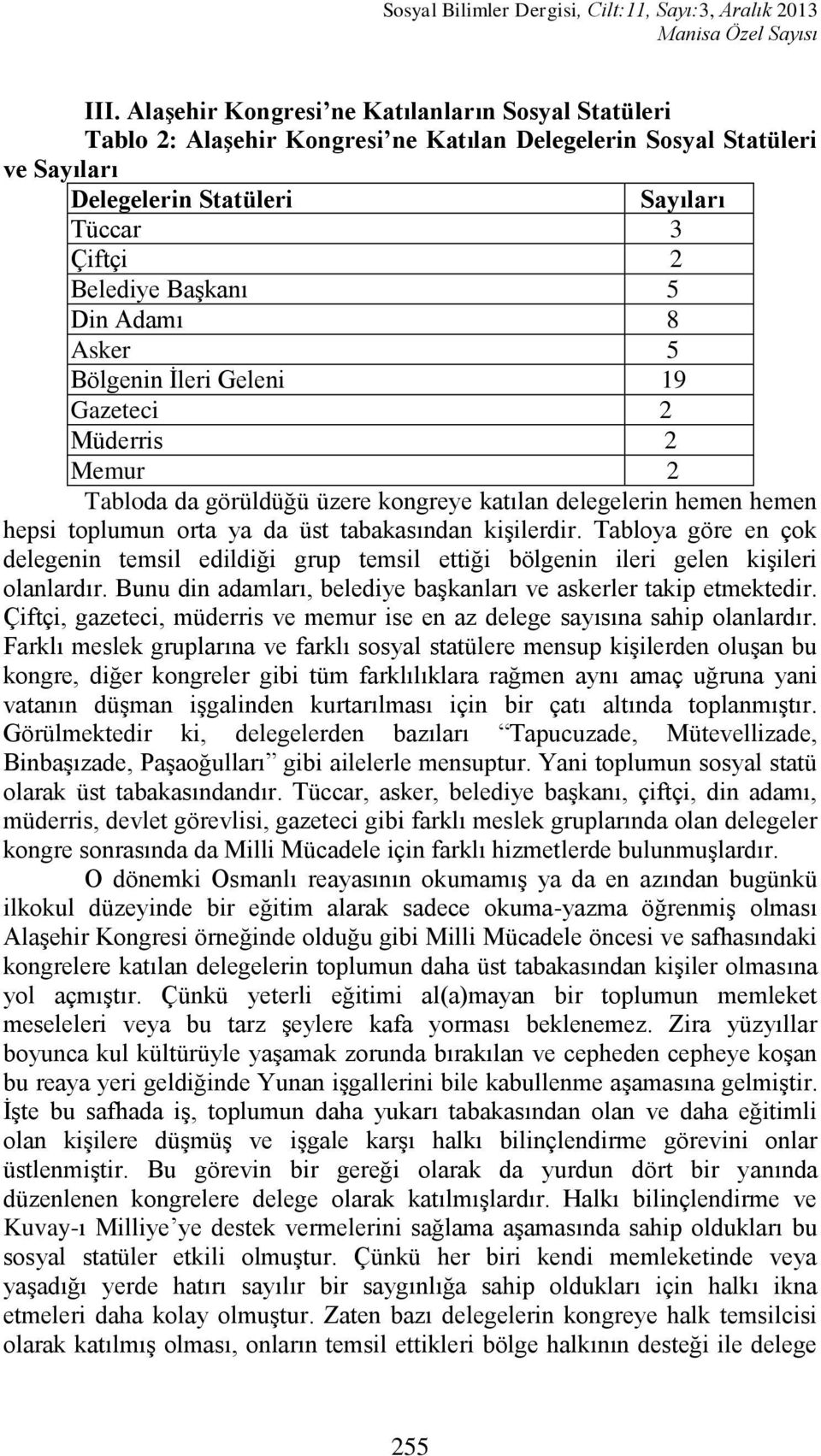 Din Adamı 8 Asker 5 Bölgenin Ġleri Geleni 19 Gazeteci 2 Müderris 2 Memur 2 Tabloda da görüldüğü üzere kongreye katılan delegelerin hemen hemen hepsi toplumun orta ya da üst tabakasından kiģilerdir.