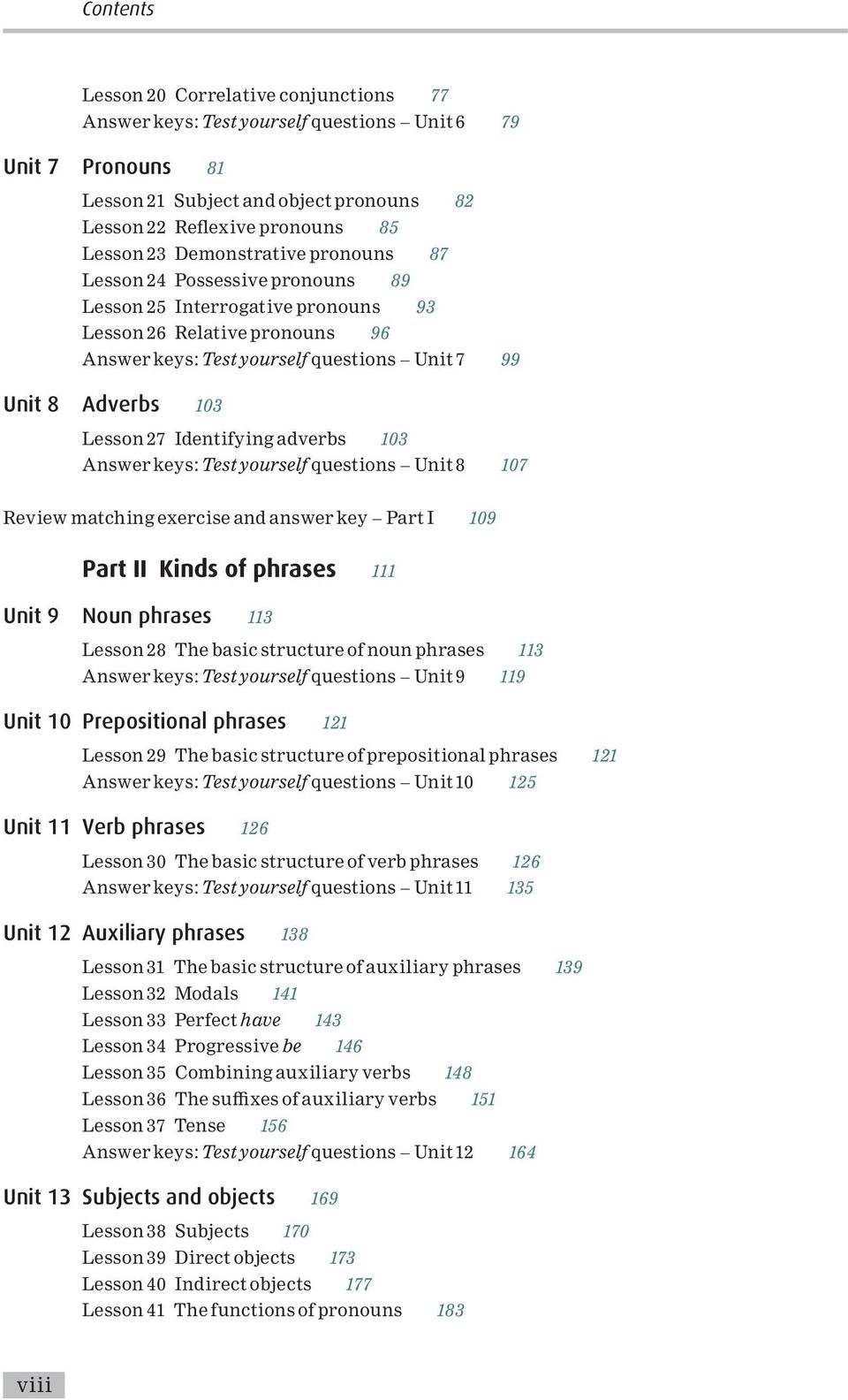 Lesson 27 Identifying adverbs 103 Answer keys: Test yourself questions ^ Unit 8 107 Review matching exercise and answer key ^ Part I 109 Part II Kinds of phrases 111 Unit 9 Noun phrases 113 Lesson 28