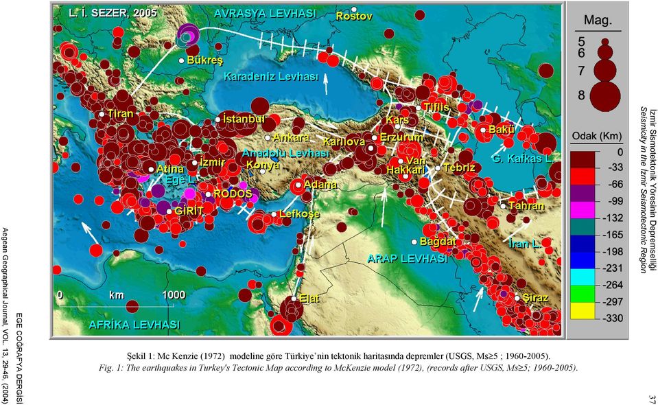 tektonik haritasında depremler (USGS, Ms 5 ; 1960-2005). Fig.