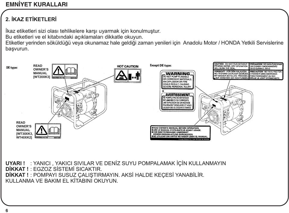 Etiketler yerinden söküldüðü veya okunamaz hale geldiði zaman yenileri için Anadolu Motor / HONDA Yetkili Servislerine baþvurun.