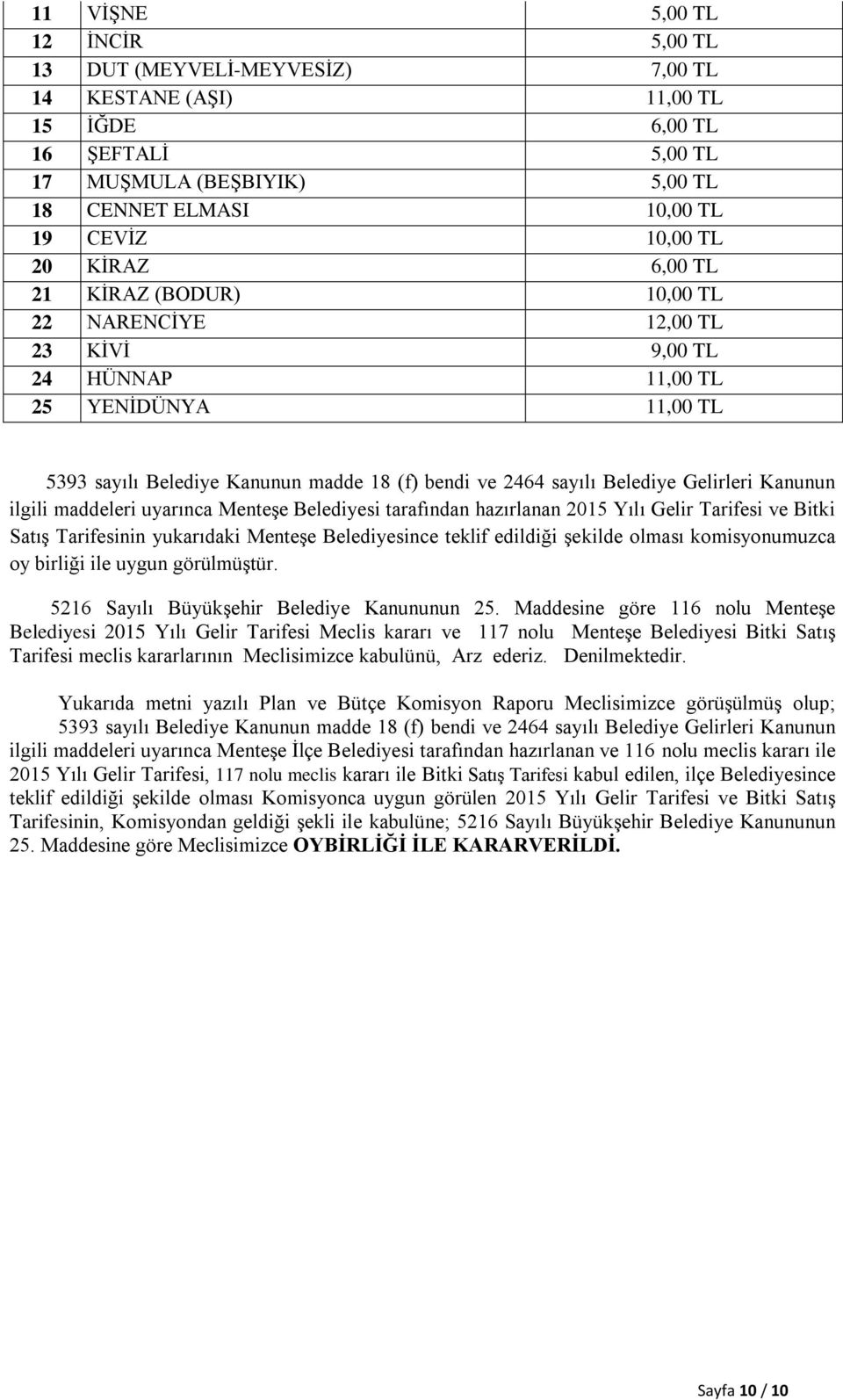 Gelirleri Kanunun ilgili maddeleri uyarınca Menteşe Belediyesi tarafından hazırlanan 2015 Yılı Gelir Tarifesi ve Bitki Satış Tarifesinin yukarıdaki Menteşe Belediyesince teklif edildiği şekilde