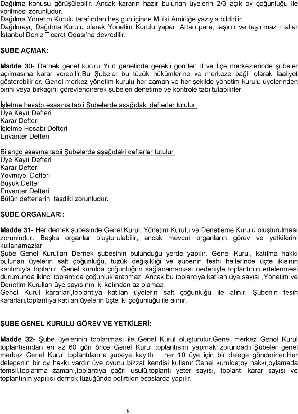 ŞUBE AÇMAK: Madde 30- Dernek genel kurulu Yurt genelinde gerekli görülen İl ve İlçe merkezlerinde şubeler açılmasına karar verebilir.