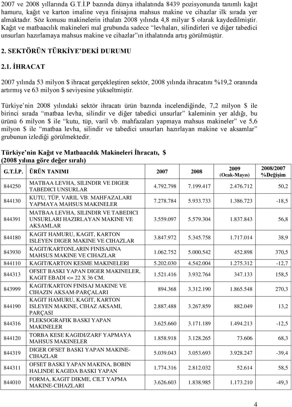 Kağıt ve matbaacılık makineleri mal grubunda sadece levhaları, silindirleri ve diğer tabedici unsurları hazırlamaya mahsus makine ve cihazlar ın ithalatında artış görülmüştür. 2.