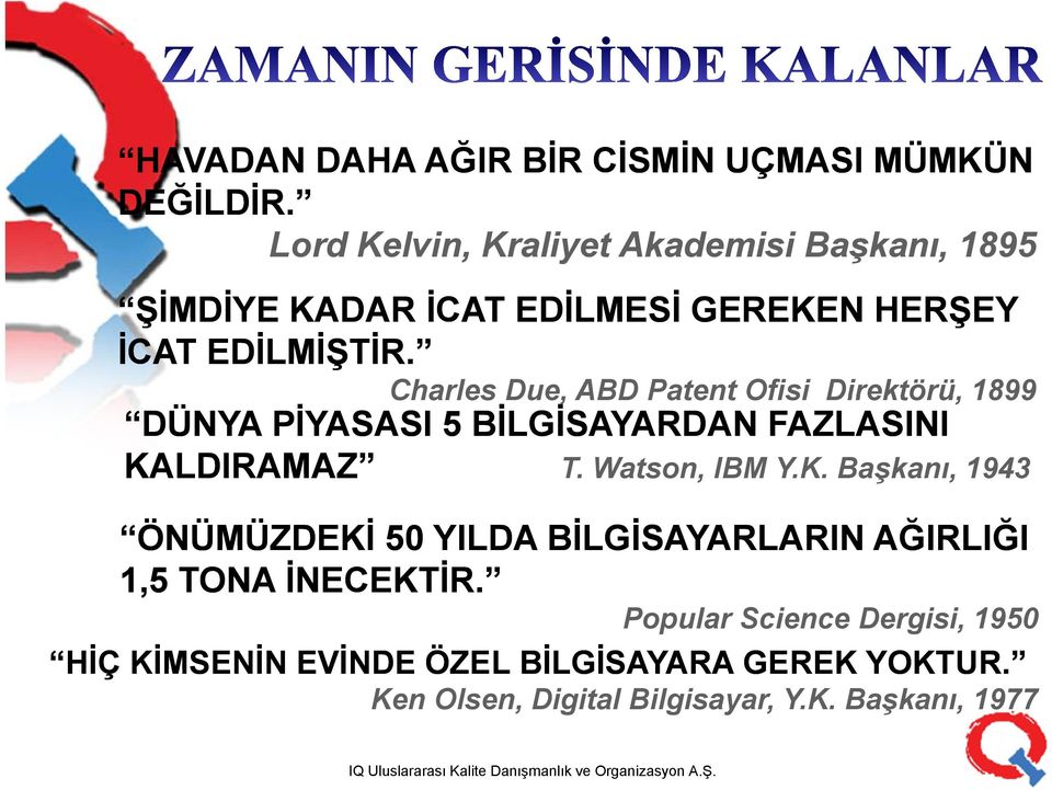 Charles Due, ABD Patent Ofisi Direktörü, 1899 DÜNYA PİYASASI 5 BİLGİSAYARDAN FAZLASINI KALDIRAMAZ KALDIRAMAZ T. Watson, IBM Y.