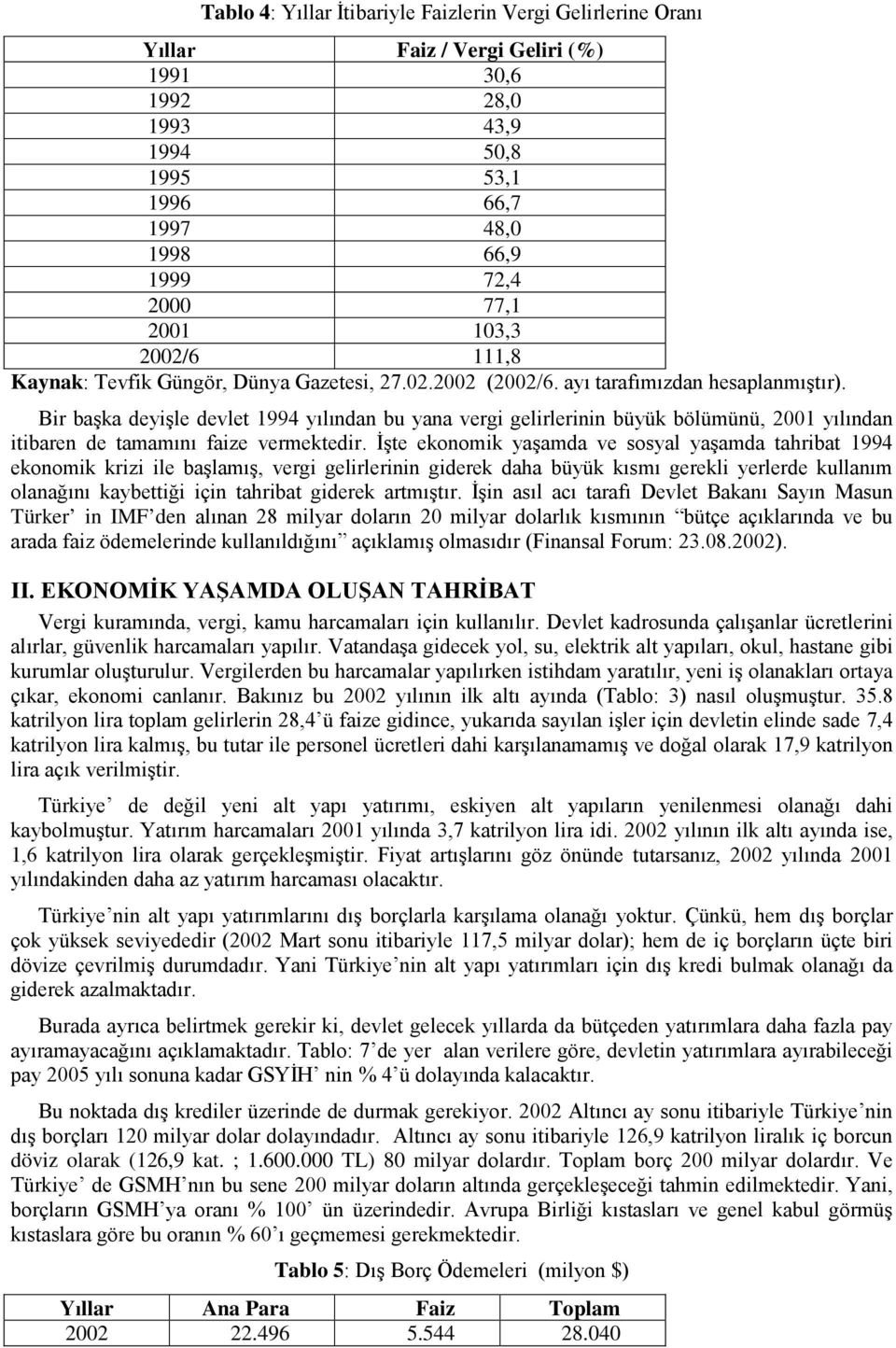 Bir başka deyişle devlet 1994 yılından bu yana vergi gelirlerinin büyük bölümünü, 2001 yılından itibaren de tamamını faize vermektedir.