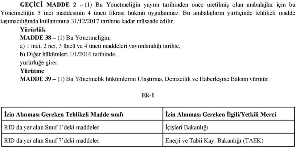 Yürürlük MADDE 38 (1) Bu Yönetmeliğin; a) 1 inci, 2 nci, 3 üncü ve 4 üncü maddeleri yayımlandığı tarihte, b) Diğer hükümleri 1/1/2016 tarihinde, yürürlüğe girer.