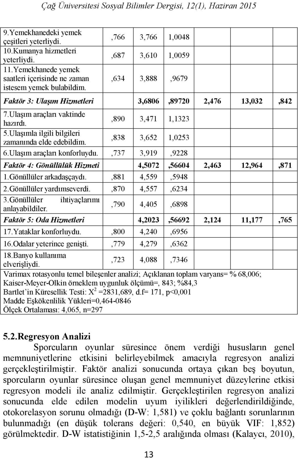 Ulaşımla ilgili bilgileri zamanında elde edebildim.,838 3,652 1,0253 6.Ulaşım araçları konforluydu.,737 3,919,9228 Faktör 4: Gönüllülük Hizmeti 4,5072,56604 2,463 12,964,871 1.Gönüllüler arkadaşçaydı.