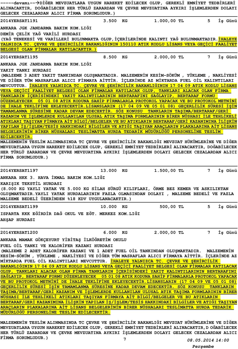 ÇEVRE VE ŞEHİRCİLİK BAKANLIĞININ 150110 ATIK KODLU LİSANS VEYA GEÇİCİ FAALİYET BELGESİ OLAN FİRMALAR KATILACAKTIR.) 2014YERSAT1195 8.500 KG 2.000,00 TL ANKARA JGK JANDARMA BAKIM KOM.